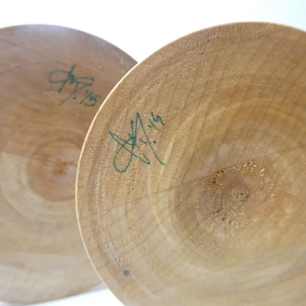 3 Turned Wood Stem Martini Glasses Signed Handmade Wooden